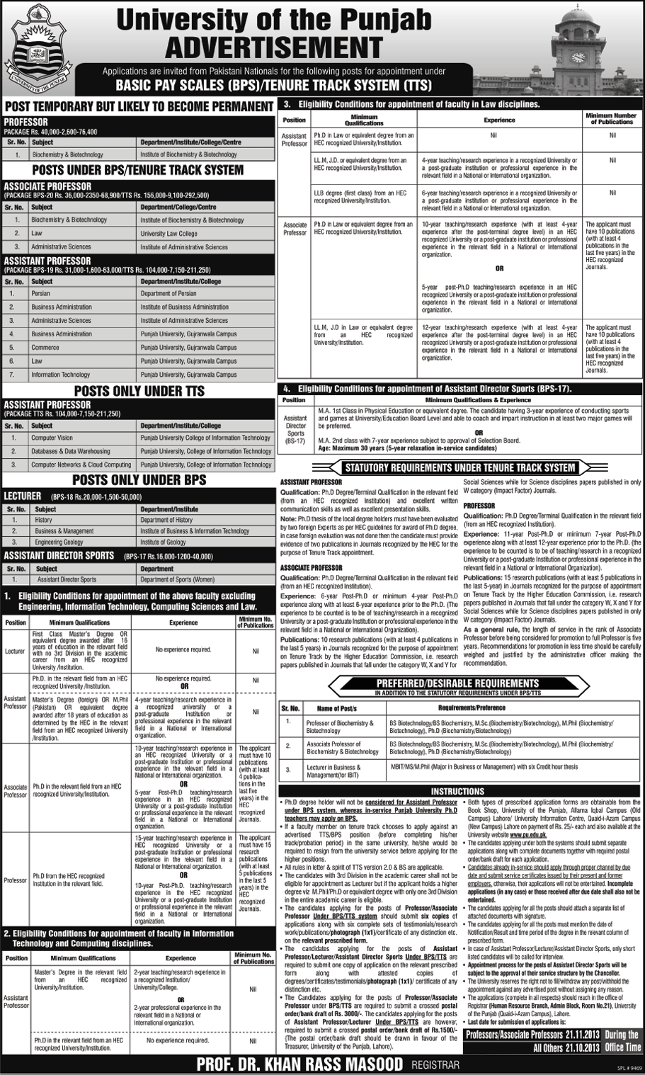 Punjab University (PU) Jobs 2013 September for Teaching Faculty & Assistant Director Sports