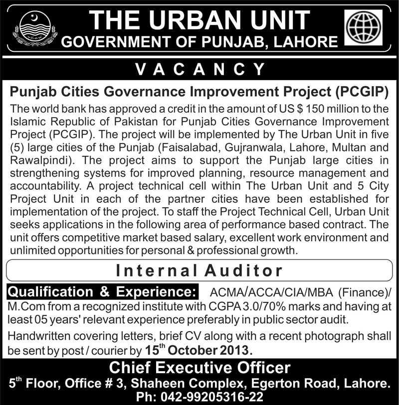 The Urban Unit Punjab Jobs for Internal Auditor 2013 September at PCGIP Project