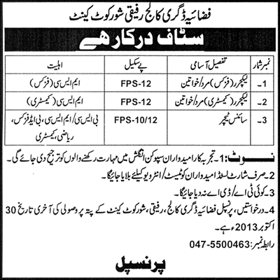 Fazaia Degree College Rafiqui Shorkot Cantt Jobs 2013 October for Lecturers & Teacher