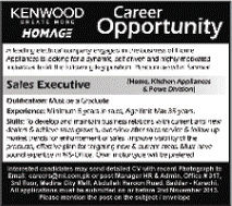 Sales Executive Jobs in Pakistan 2013 October / November at Kenwood / Homage