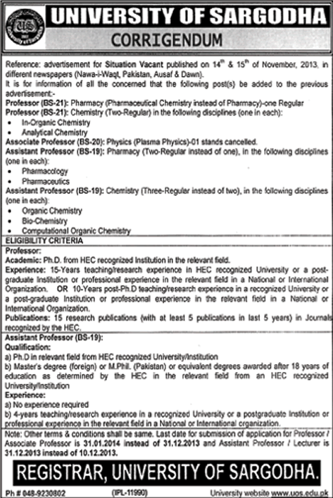 Corrigendum: University of Sargodha Jobs 2013 December for Professors New Vacancies