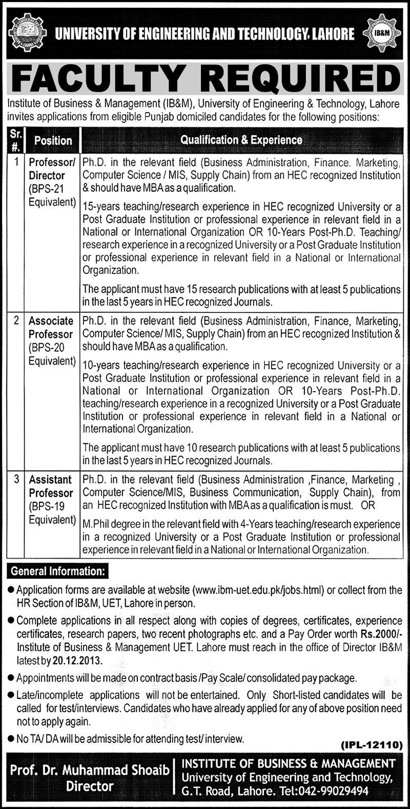 UET Lahore Jobs 2013 December for Professor & Associate / Assistant Professor