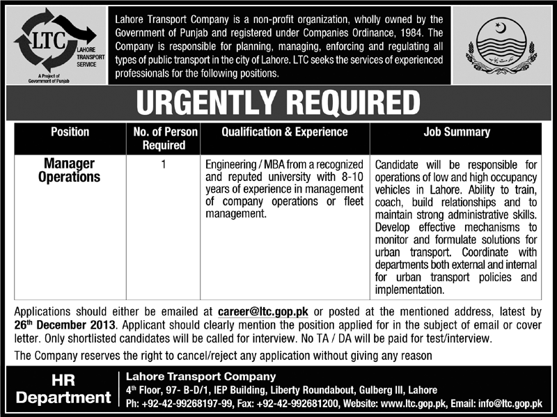 Lahore Transport Company (LTC) Job 2013 December for Manager Operations