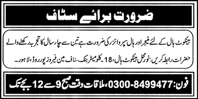 Banquet Hall Manager / Supervisor Jobs in Lahore 2013 December at Noor Mahal Banquet Hall