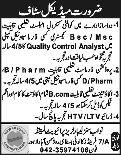 Quality Control Analyst, Accountant, Driver & Pharmacist Jobs in Lahore 2014 at Nawabsons Laboratories