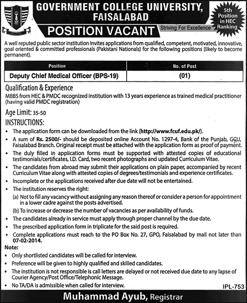 Government College University (GCU) Faisalabad Jobs 2014 for Deputy Chief Medical Officer
