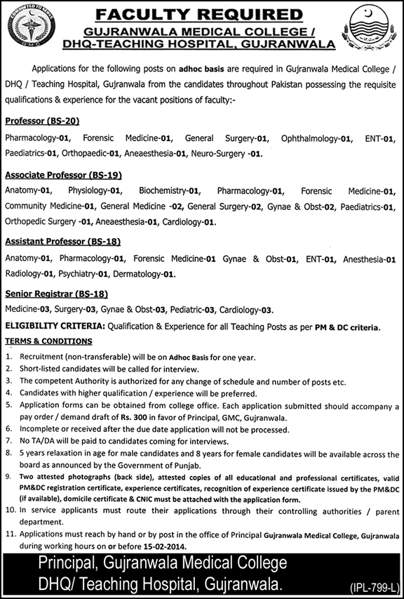 DHQ Teaching Hospital Gujranwala Jobs 2014 for Professors, Associate/ Assistant Professors & Senior Registrar