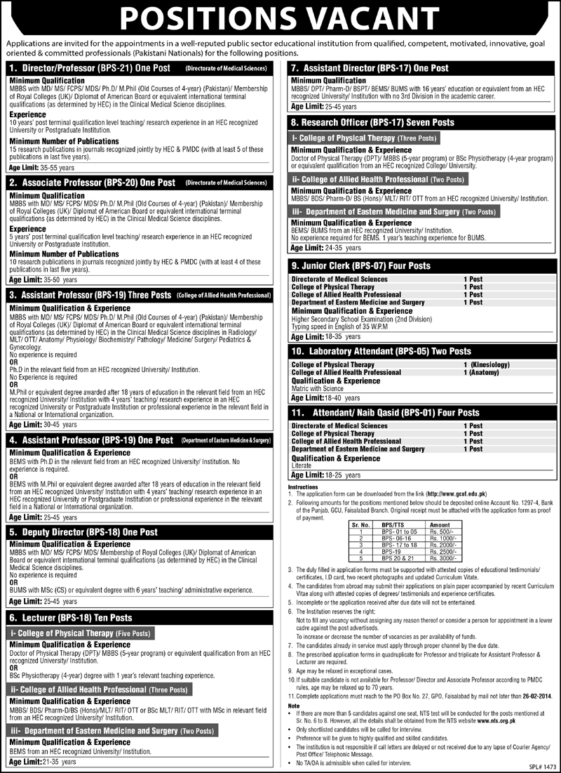 Administrative & Medical Faculty Jobs at GC University Faisalabad 2014 February