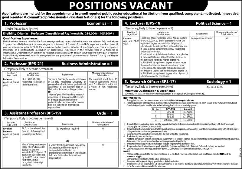 GCU Faisalabad Jobs 2014 February Latest