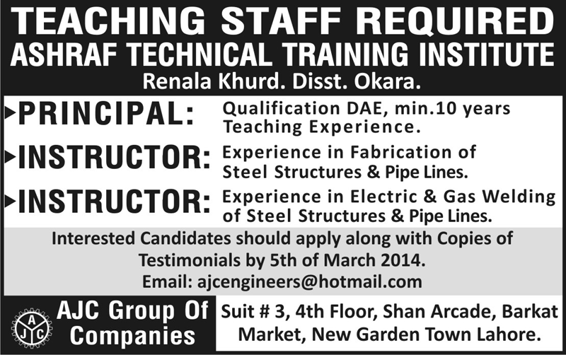 Principal & Instructor Jobs in Okara 2014 March at Ashraf Technical Training Institute
