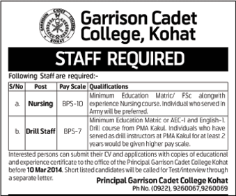 Garrison Cadet College Kohat Jobs 2014 March for Nursing & Drill Staff