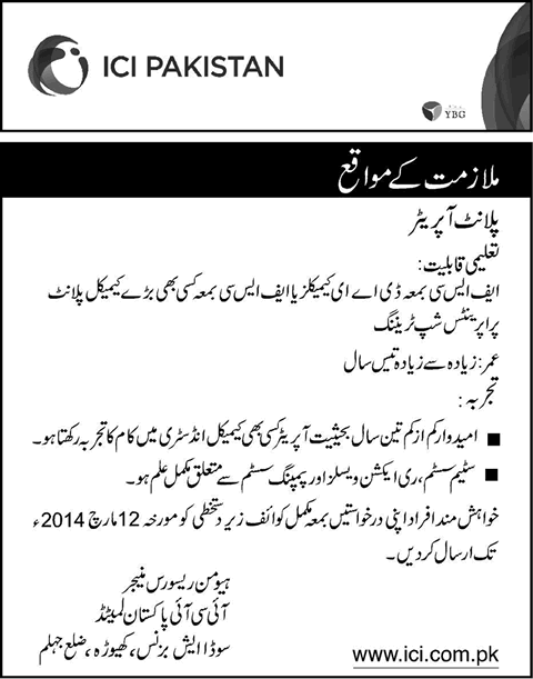 Plant Operator Jobs in Jhelum 2014 March at ICI Pakistan