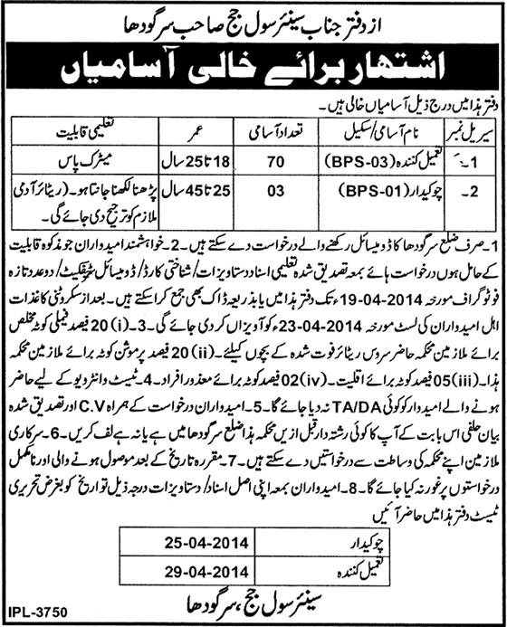 Civil Courts Sargodha Jobs 2014 April Latest for Tameel Kuninda & Chowkidar