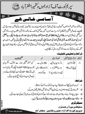 Supreme Court AJK Jobs 2014 April for Stenographers