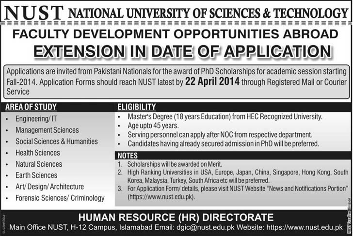 NUST Ph.D. Scholarships 2014 Fall for Faculty Development Opportunities Abroad