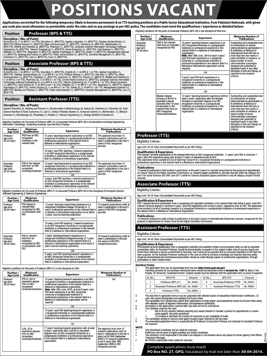 GC University Faisalabad Jobs 2014 April Latest for Teaching Faculty