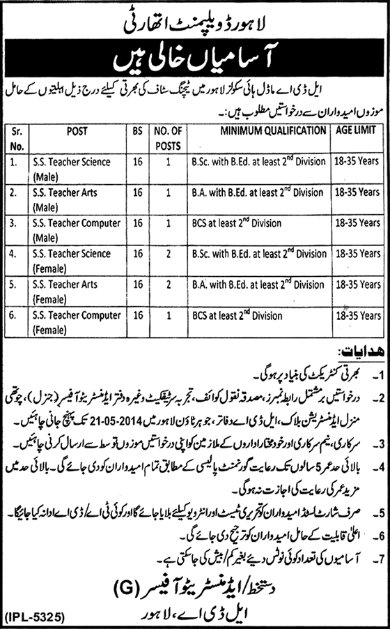 LDA Model High School Lahore Jobs 2014 May for Teaching Faculty