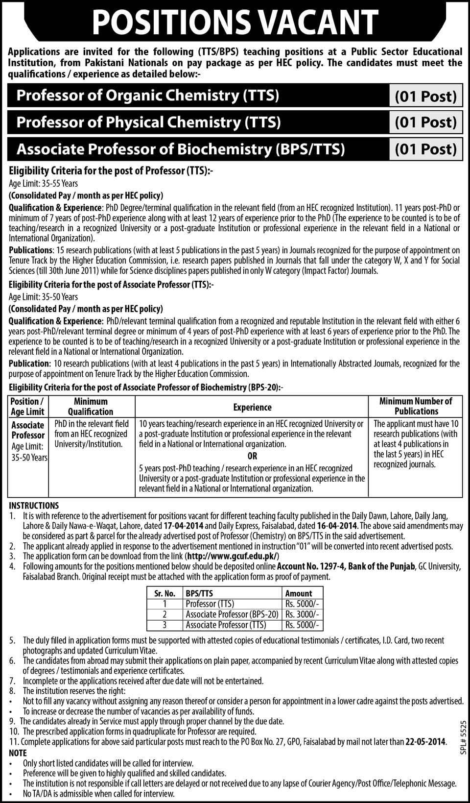 Professors / Associate Professors Jobs in GC University Faisalabad 2014 May