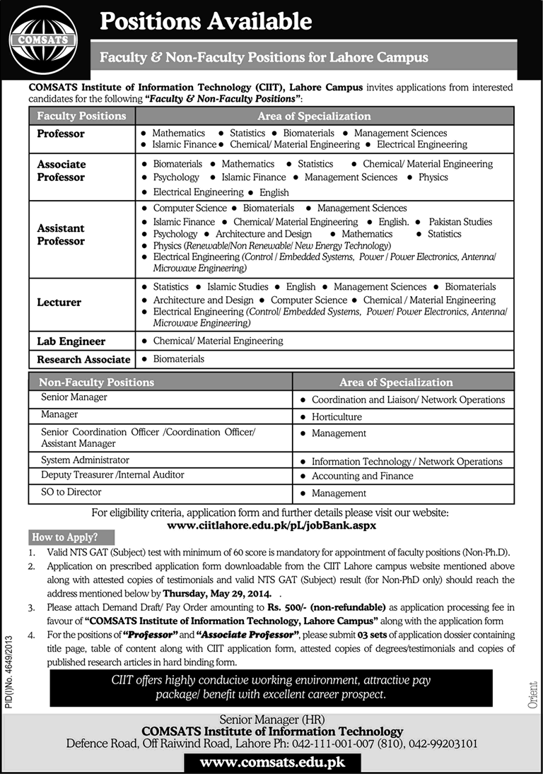 COMSATS Lahore Jobs 2014 May for Teaching Faculty & Non-Teaching Staff