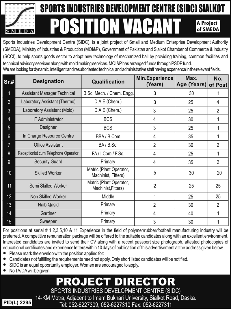 SMEDA Jobs 2014 May for Sports Industries Development Centre - SIDC