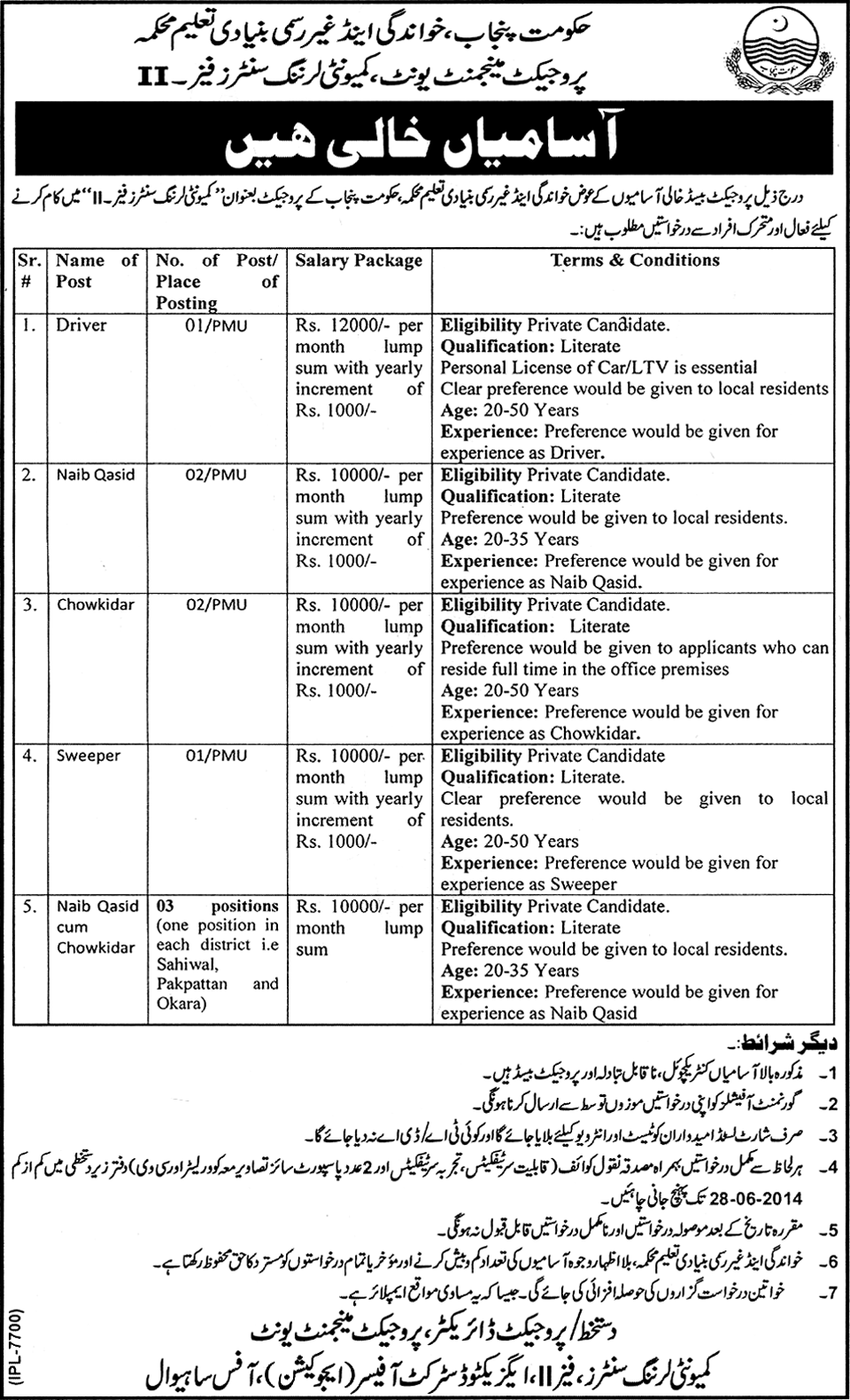 Literacy Department Punjab Jobs 2014 June for Driver, Naib Qasid, Chowkidar & Sweeper