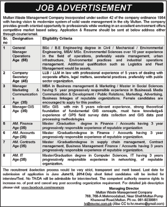 Multan Waste Management Company Jobs 2014 June MWMC Latest Advertisement