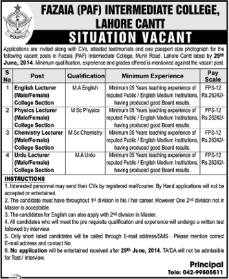 Fazaia (PAF) Intermediate College Lahore Jobs 2014 June for Teaching Faculty / Lecturers