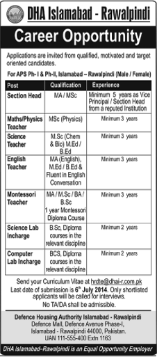 Army Public School DHA Islamabad Rawalpindi Jobs 2014 June / July for Teaching Faculty, Section Head & Lab Incharge