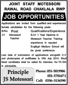 Montessori Teacher Jobs in Rawalpindi 2014 June / July at JS Public School and College