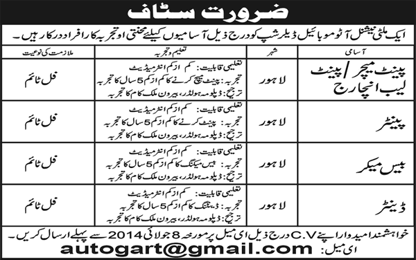 Paint Matcher, Painter, Basemaker & Denter Jobs in Lahore 2014 June / July for Automobile Workshop