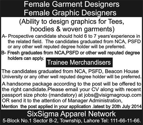 Sixsigma Apparel Network Lahore Jobs 2014 July for Garments / Graphic Designer & Trainee Merchandisers