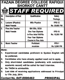 Fazaia Degree College Rafiqui Shorkot Cantt Jobs 2014 July for Teaching Faculty