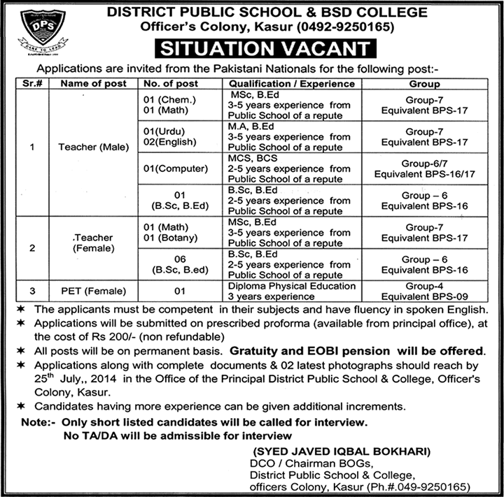 District Public School & BSD College Kasur Jobs 2014 July for Teaching Faculty