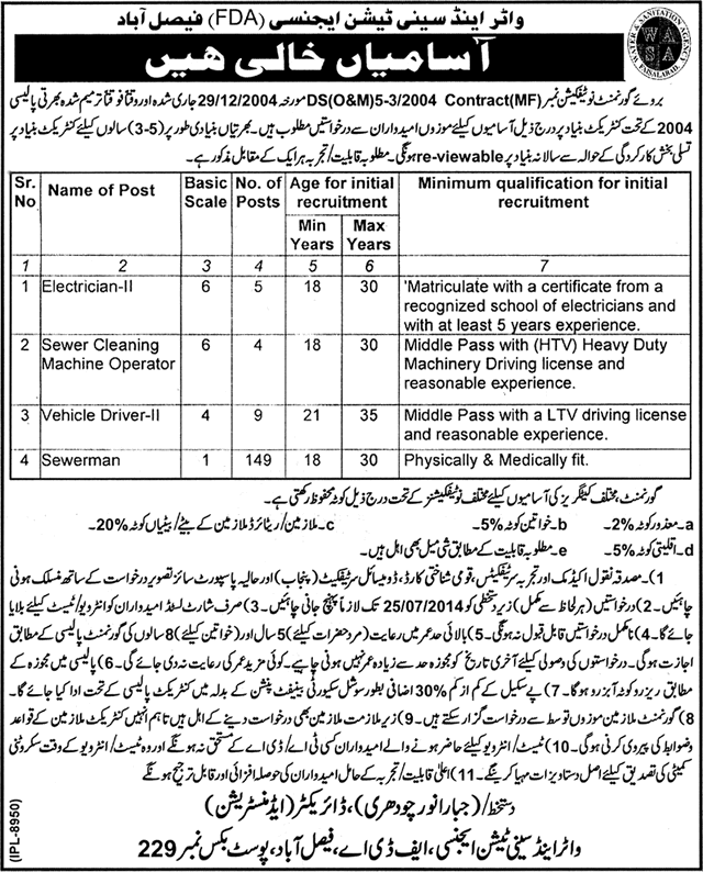 WASA FDA Jobs 2014 July for Electrician, Sewerman, Driver & Machine Operator