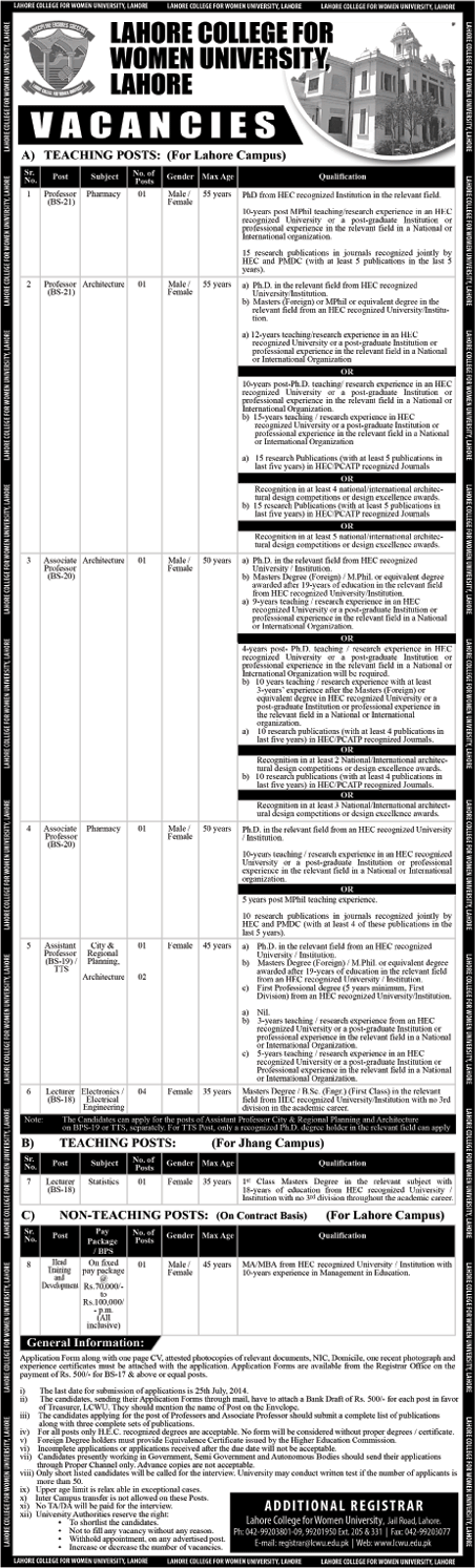 LCWU Jobs 2014 July for Teaching Faculty & Non-Teaching Staff