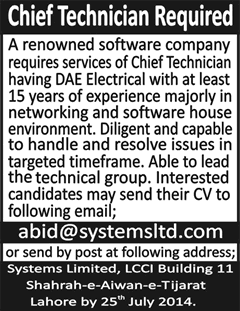 DAE Electrical Jobs in Lahore 2014 July as Chief Technician at Systems Ltd