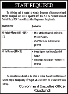 Nurses & Medical Officer Jobs in Rawalpindi 2014 July at Cantonment General Hospital