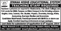 Teaching Jobs in Multan 2014 August at Jinnah Highs Educational System