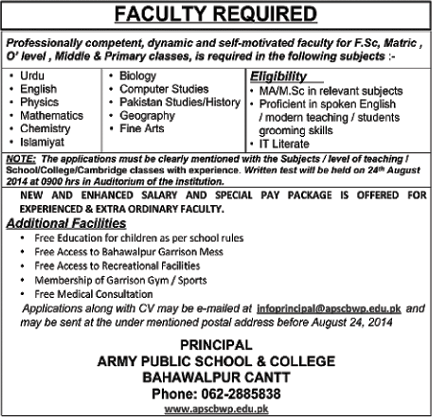 APS Bahawalpur Jobs 2014 August for Teaching Faculty