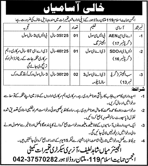 Anjuman-e-Himayat-e-Islam Lahore Jobs 2014 August for Civil Engineers