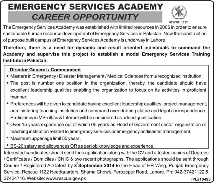 Emergency Services Academy Lahore Jobs 2014 August Rescue-1122 for Director General / Commandant