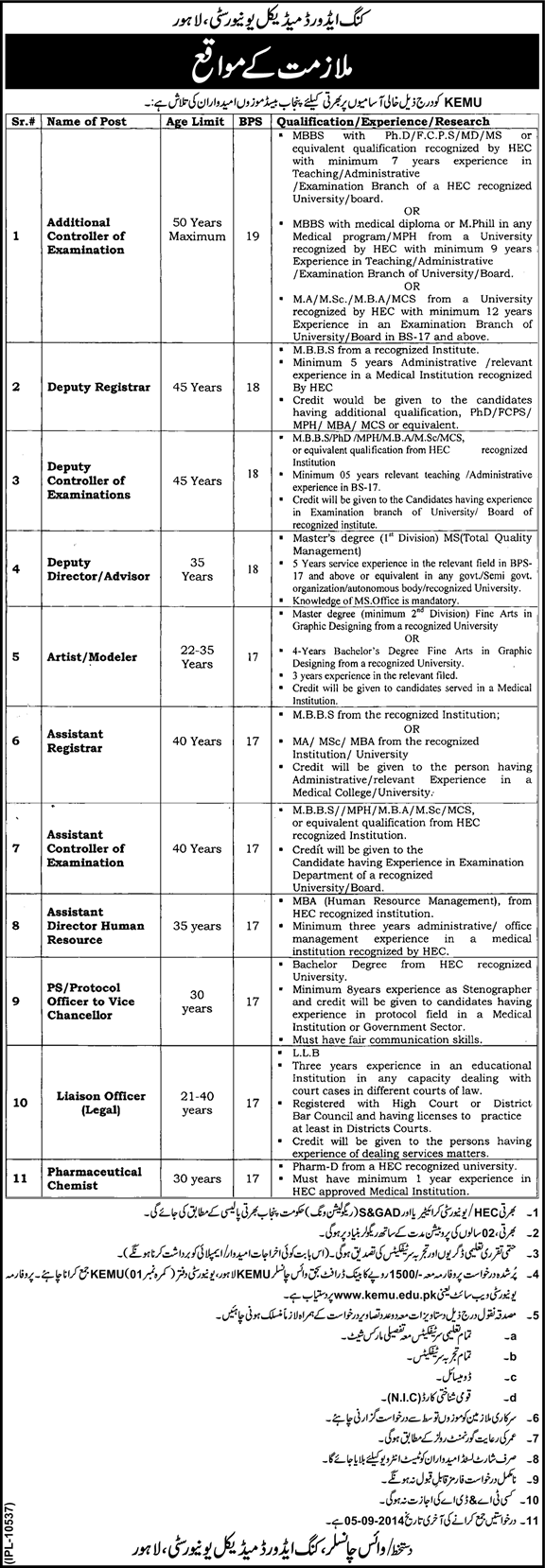 KEMU Lahore Jobs 2014 August Latest King Edward Medical University