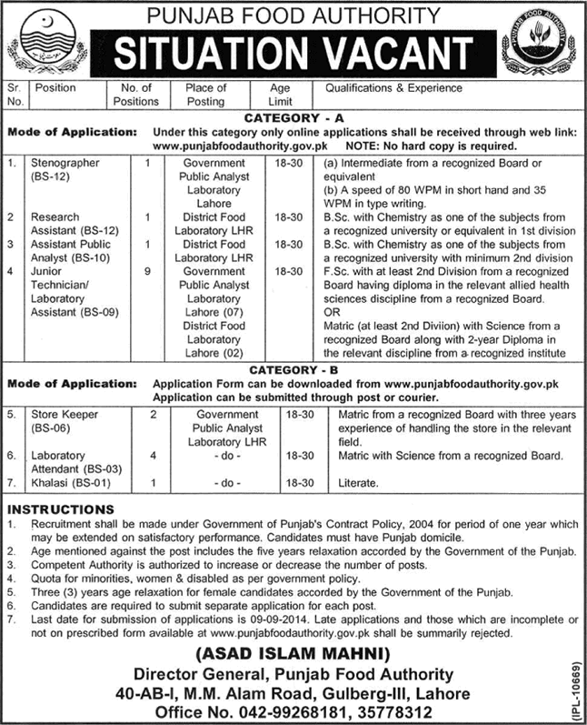 Punjab Food Authority Lahore Jobs 2014 August Online Apply Latest