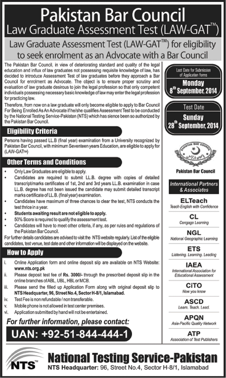 NTS Law GAT Test 2014 August / September Pakistan Bar Council