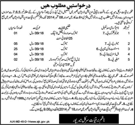 Electricity Department Mirpur Circle AJK Jobs 2014 August