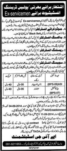 Instructors Jobs in KPK Police Training Institute 2014 August Latest