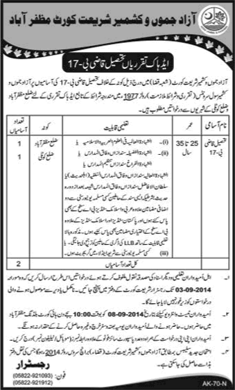 Shariat Court AJK Jobs 2014 August for Tehsil Qazi