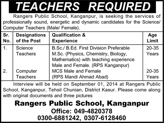 Ranger Public School Kanganpur Jobs 2014 August for Science / Computer Teachers