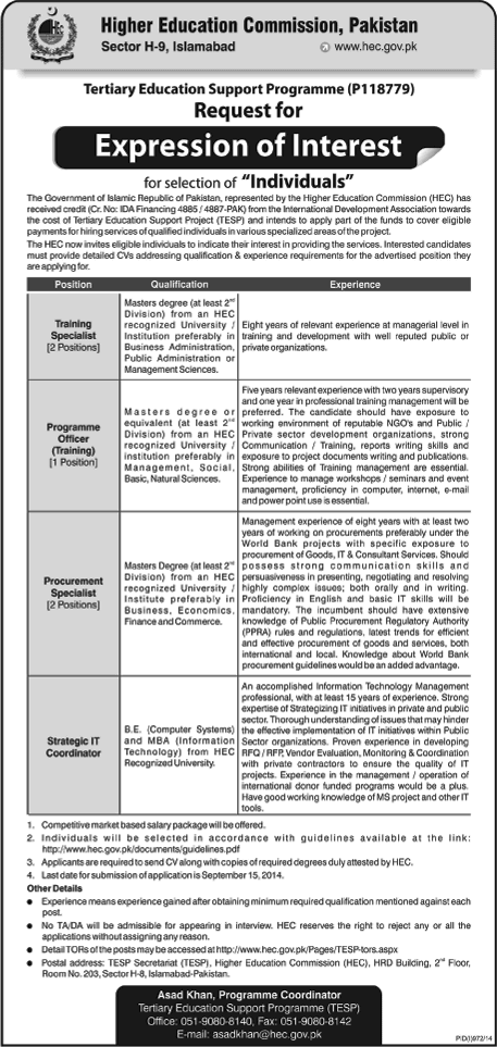 HEC Jobs 2014 August / September for Tertiary Education Support Programme