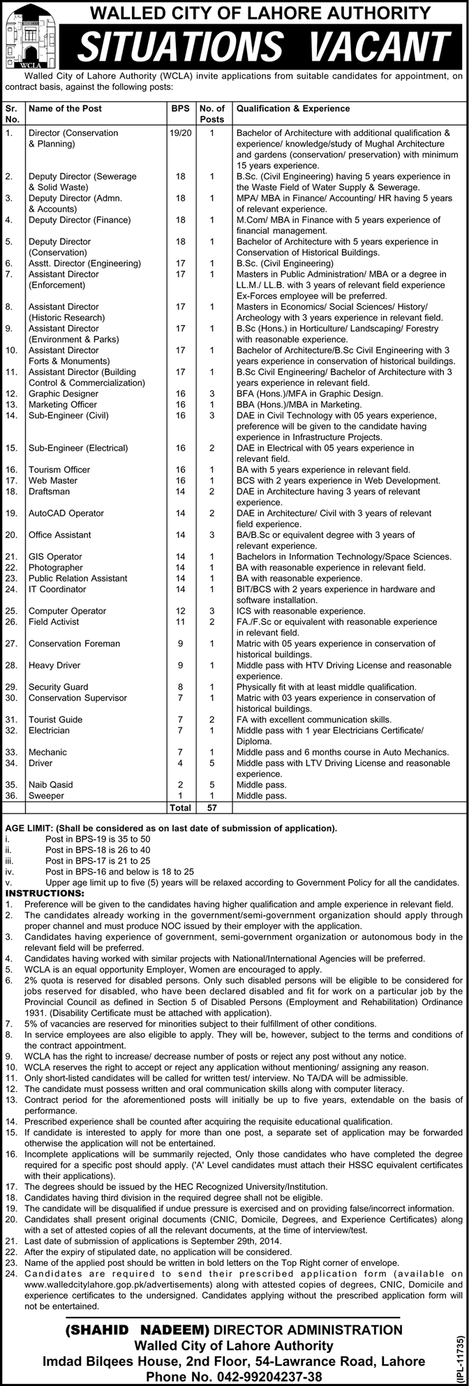 Walled City of Lahore Authority Jobs 2014 September Latest WCLA Advertisement